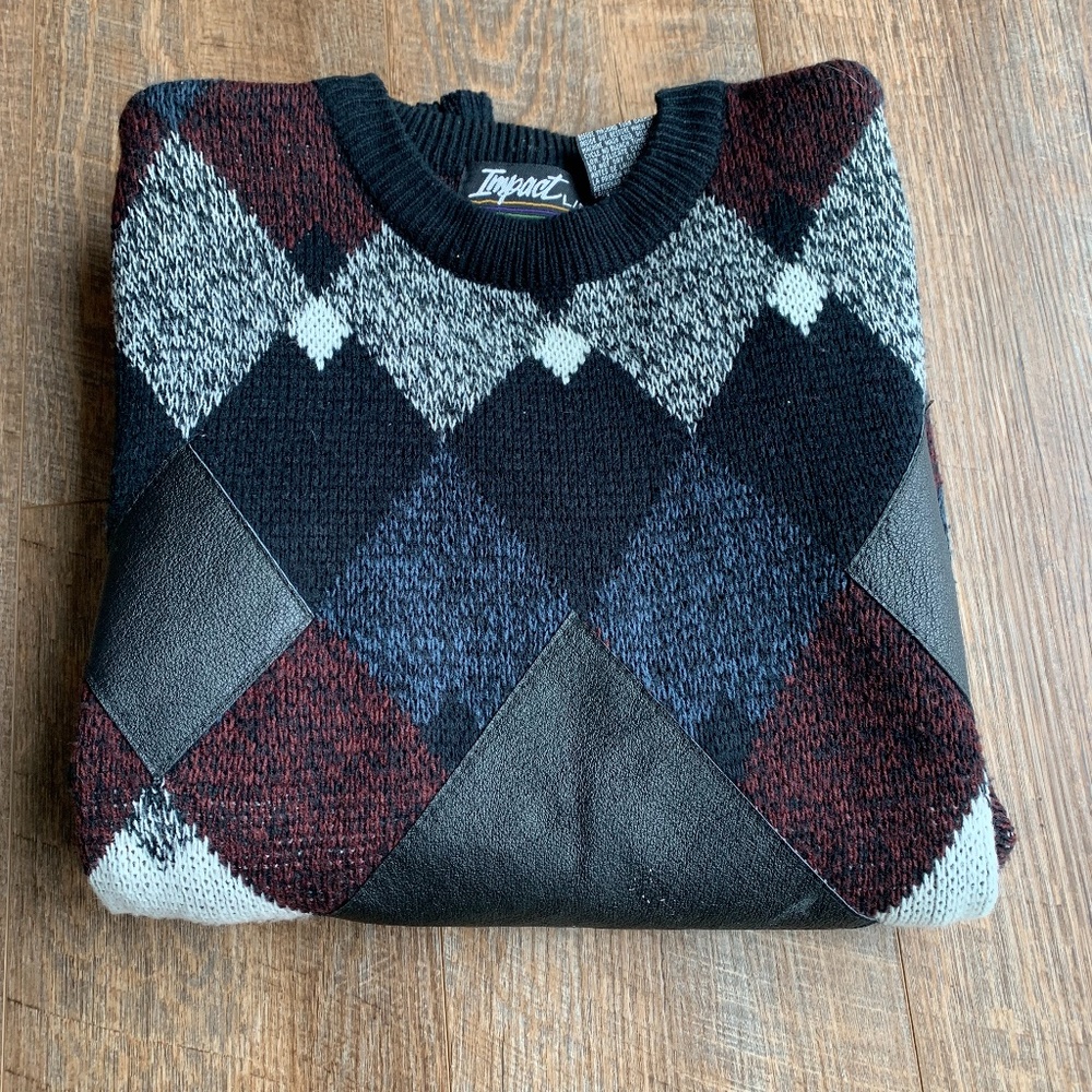 Vintage Impact Sweater Acrylic with Leather Trim Sz Large Black/Burgundy/White/B